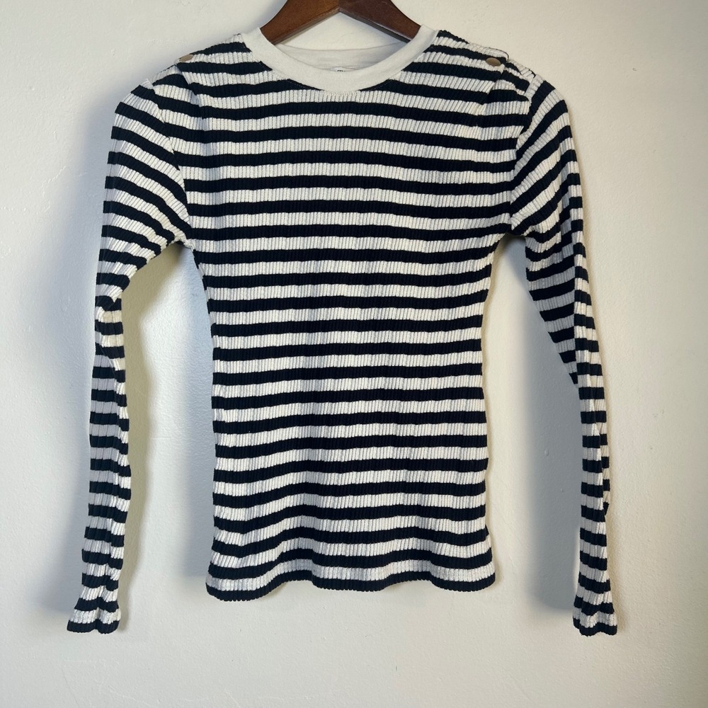 Nation LTD Top Ribbed Long Sleeve Size XS Black White Striped Button Shoulder